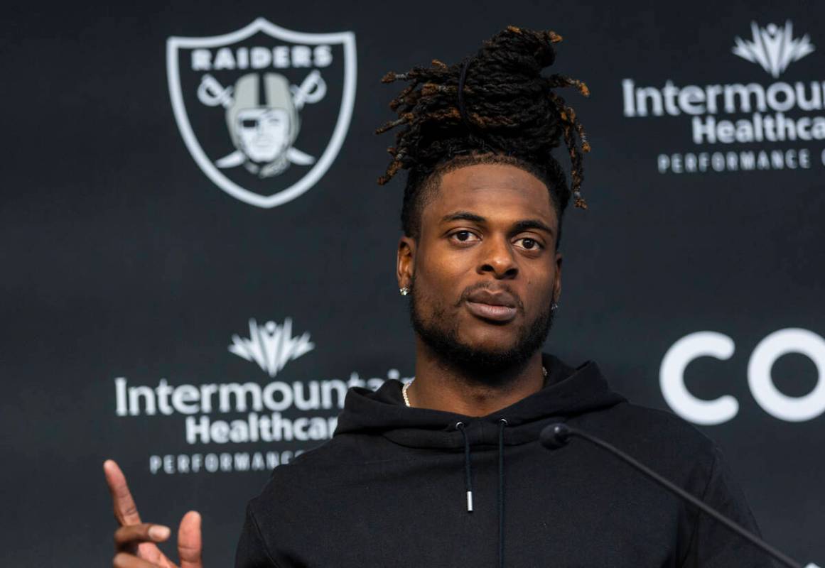 Raiders wide receiver Davante Adams speaks during a press conference at Raiders Headquarters an ...