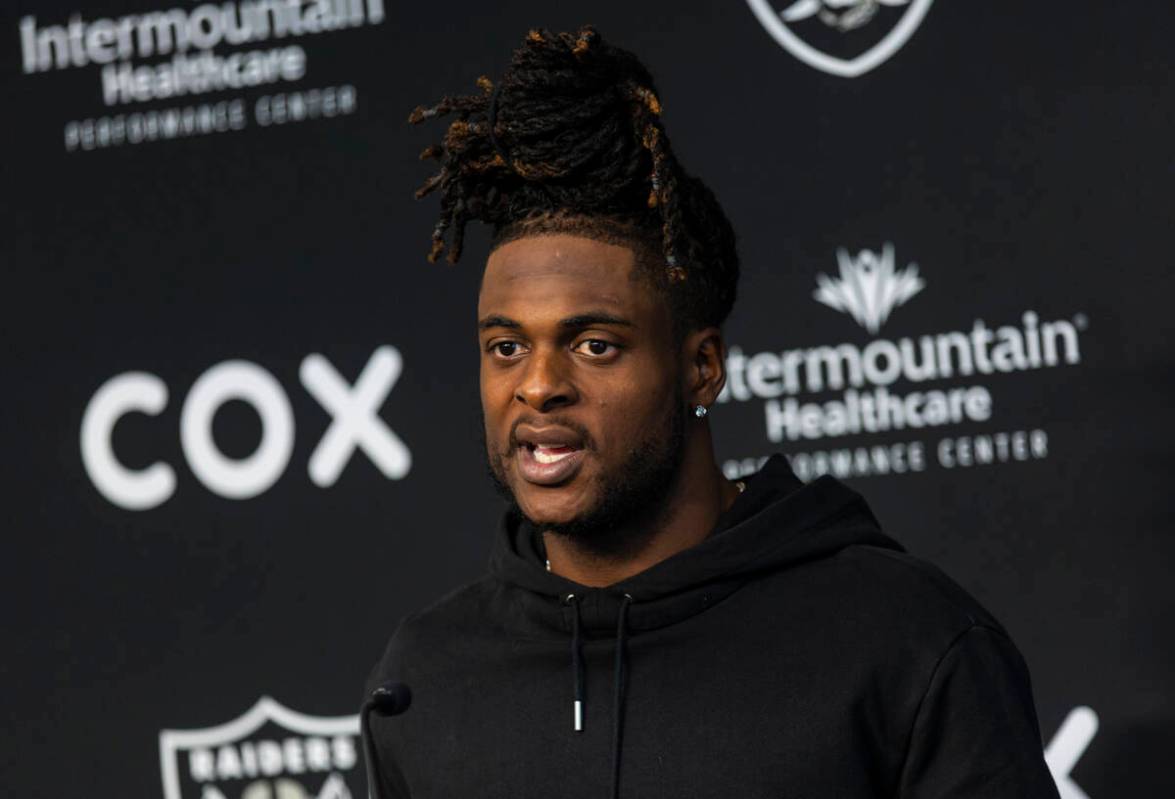 Raiders wide receiver Davante Adams speaks during a press conference at Raiders Headquarters an ...