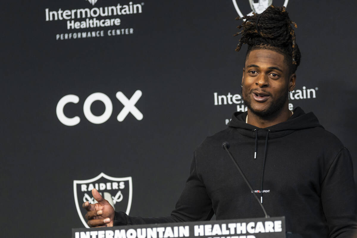 Raiders wide receiver Davante Adams speaks during a press conference at Raiders Headquarters an ...