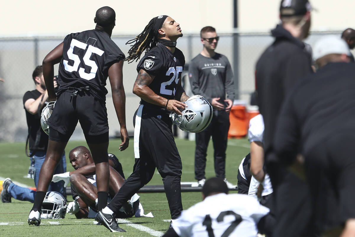 Raiders safety Tre’von Moehrig (25) walks after stretching during practice at Raiders He ...