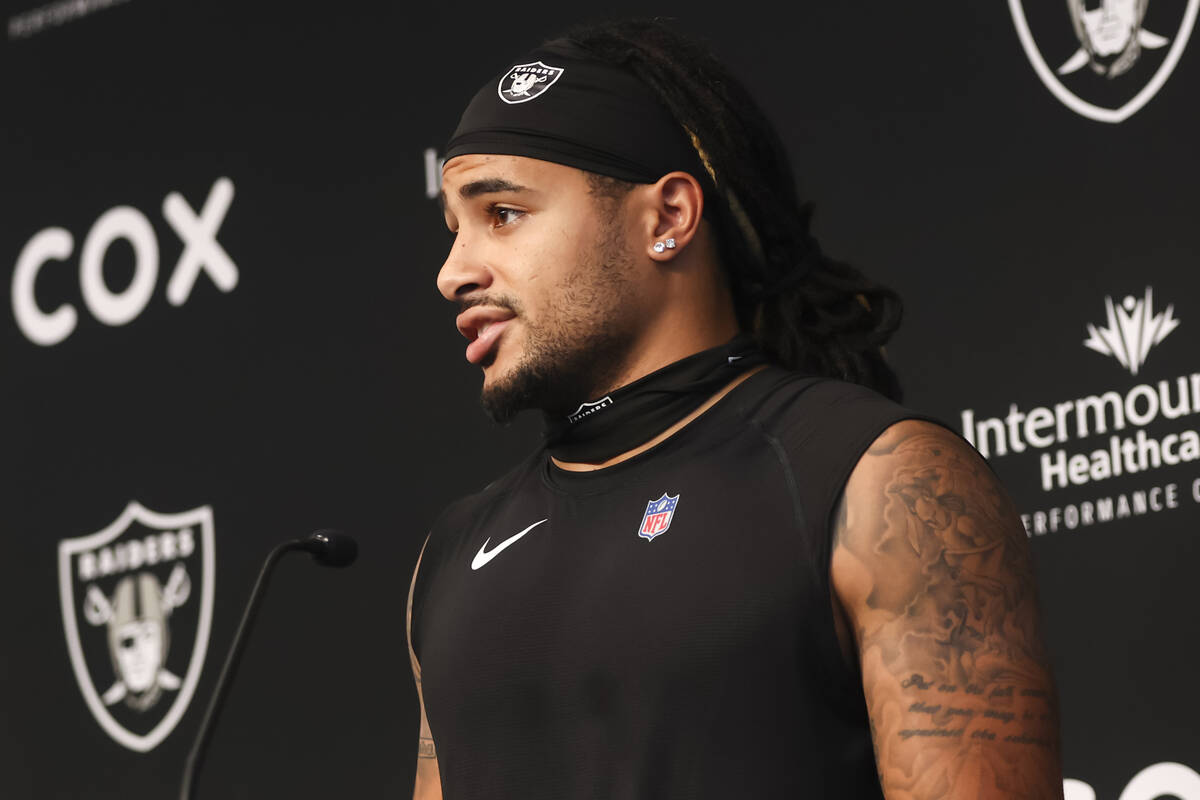 Raiders safety Tre’von Moehrig speaks during a press conference at Raiders Headquarters ...