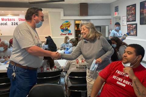 U.S. Rep. Dina Titus joins with Culinary Union members Tuesday, June 14, 2022, in Las Vegas. (G ...