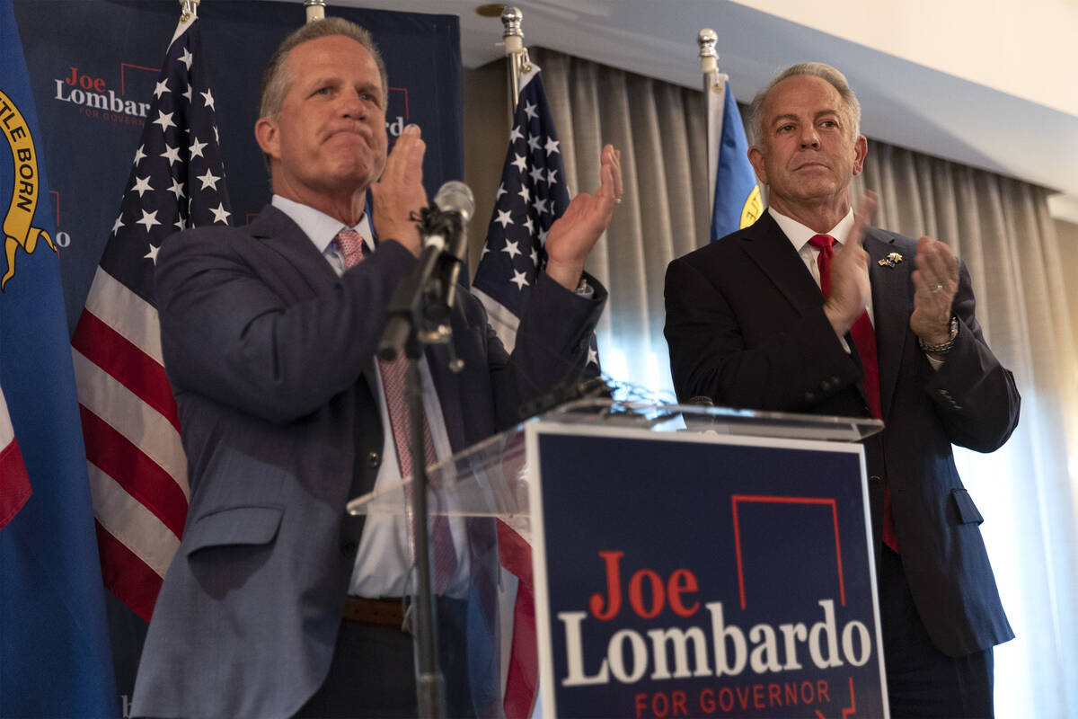 Republican candidate for Nevada governor Joe Lombardo, right, and his campaign manager, former& ...