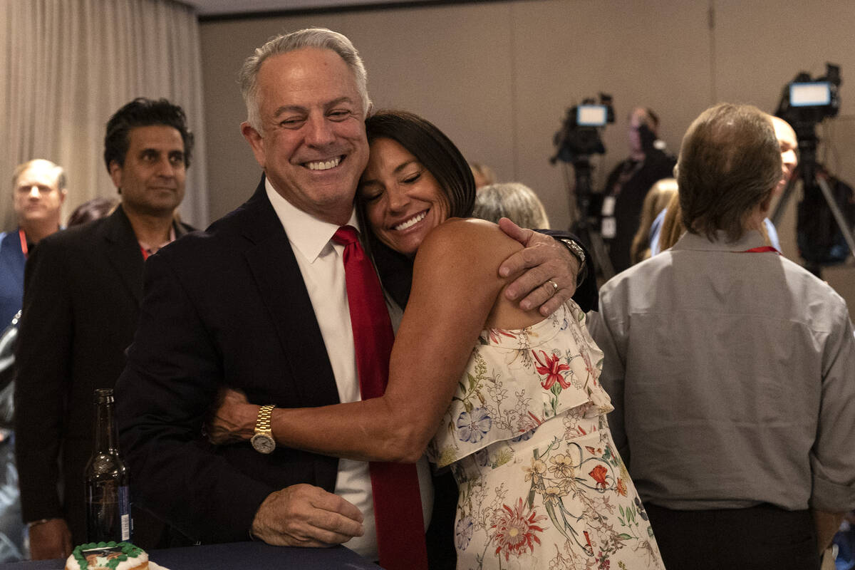 Republican candidate for Nevada governor Joe Lombardo hugs a guest during an election party at ...
