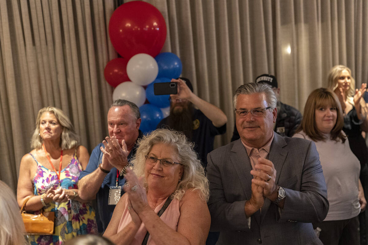 The crowd cheers after Republican candidate for Nevada governor Joe Lombardo announced a win in ...