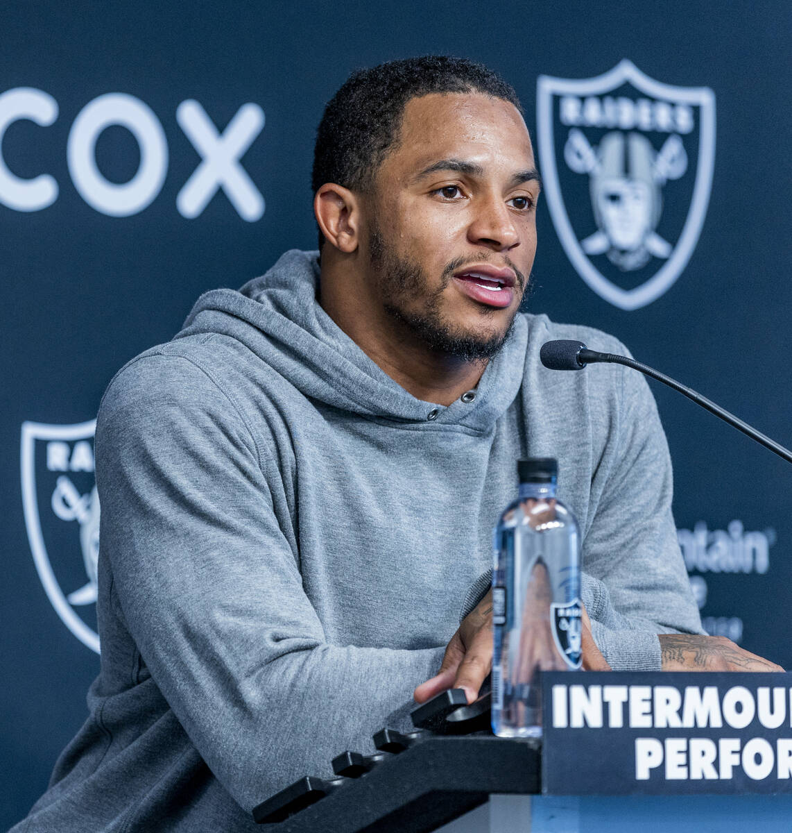 Raiders safety Johnathan Abram (24) answers a media question during minicamp practice at the Ra ...