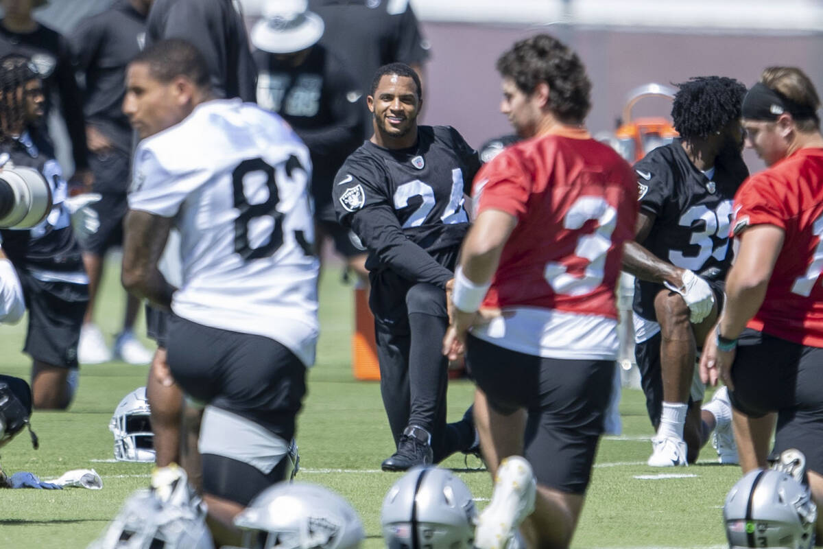 Raiders safety Johnathan Abram (24) stretches during the team’s mandatory minicamp on We ...