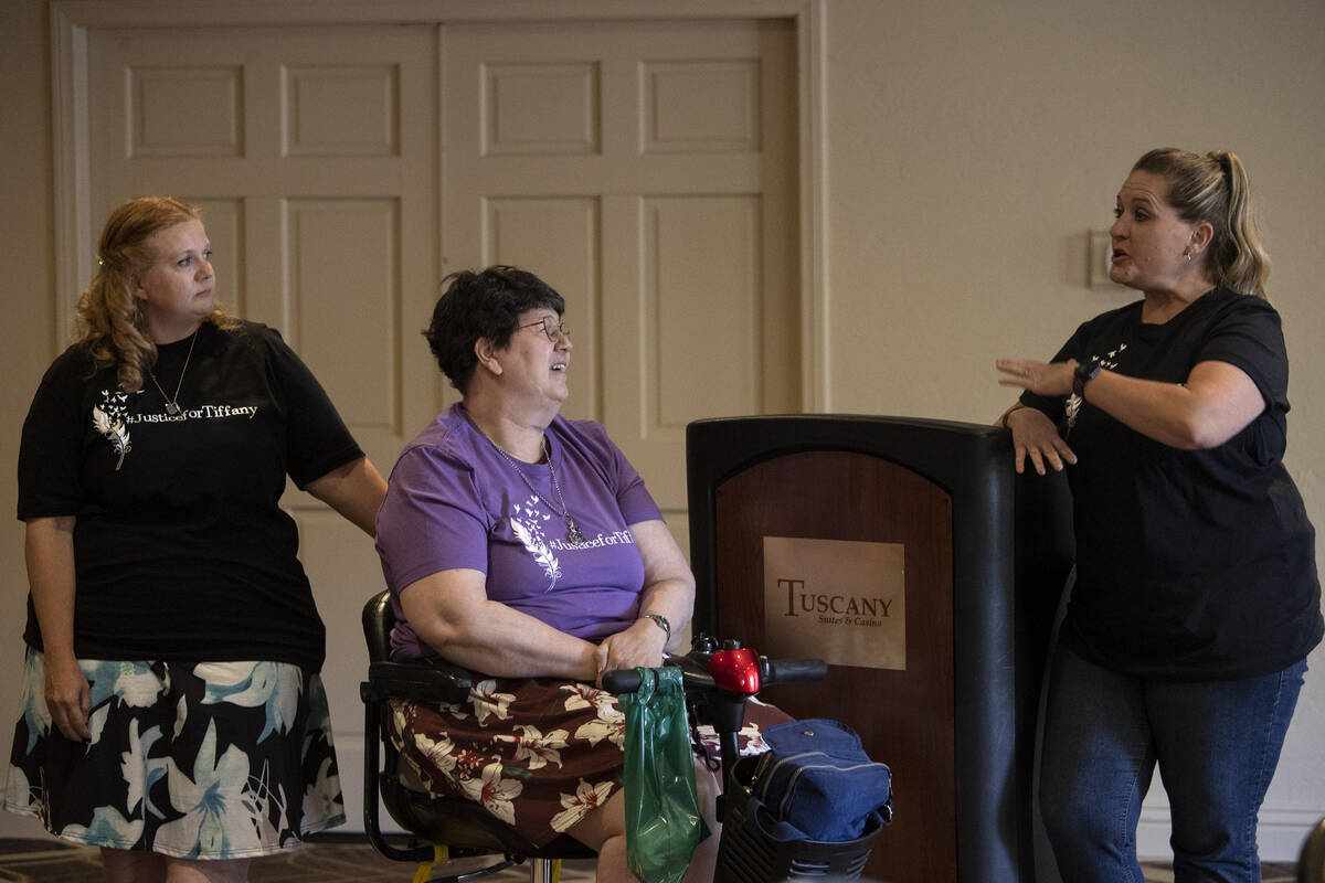 Malinda Beausoleil, left, aunt of Tiffany Booth, Judy Booth, her mother, and Angelena Fisher sp ...