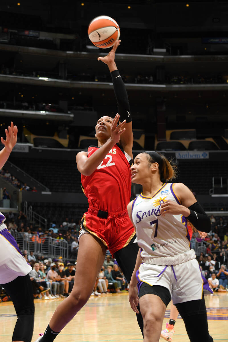 A'ja Wilson of the Las Vegas Aces shoots the ball during the game against the Los Angeles Spark ...