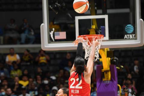 A'ja Wilson of the Las Vegas Aces shoots the ball during the game against the Los Angeles Spark ...