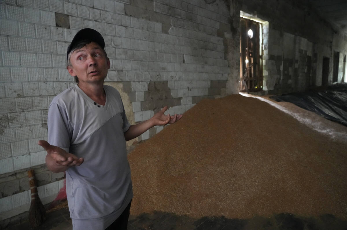 Farmer Serhiy gestures standing near a mound of grain in his barn in the village of Ptyche in e ...