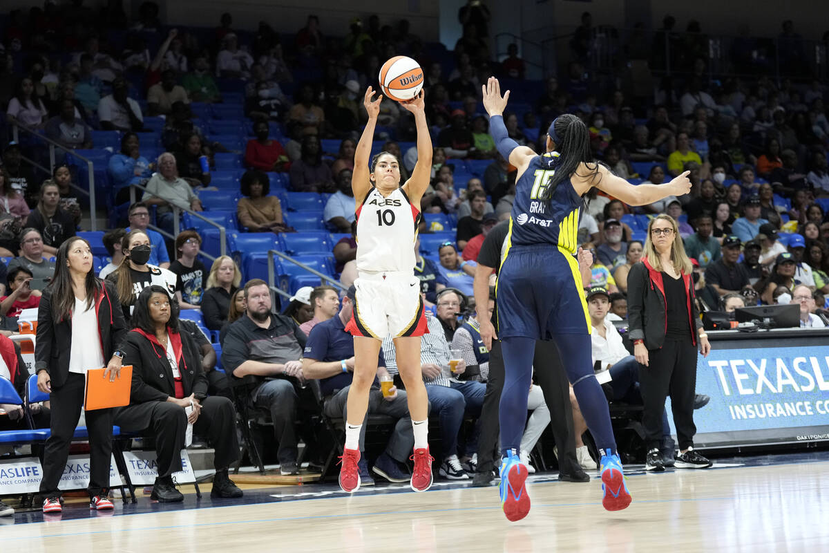 Kelsey Plum #10 of the Las Vegas Aces shoots a three point basket during the game against the D ...