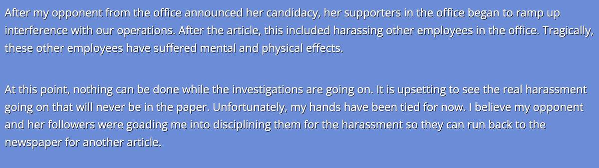Screenshot of a section of the letter Public Administrator Robert Telles posted to his campaign ...
