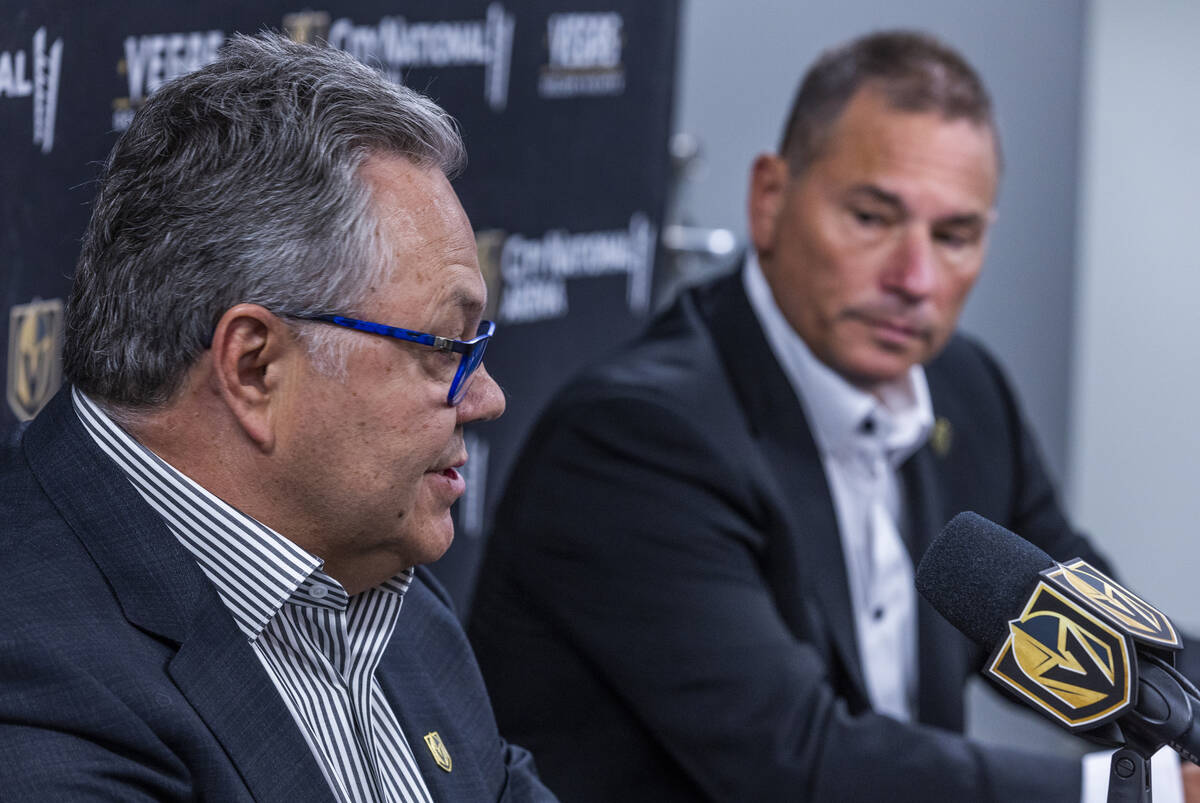 Golden Knights general manager Kelly McCrimmon, left, talks about new head coach Bruce Cassidy ...