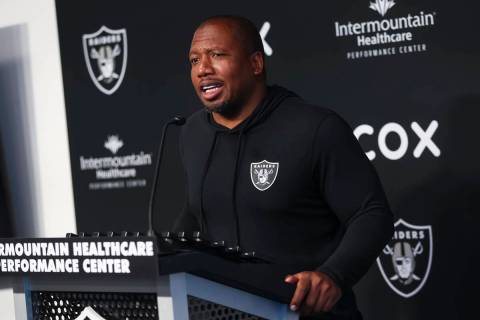 Raiders defensive backs, pass game coordinator Jason Simmons speaks during a press conference a ...