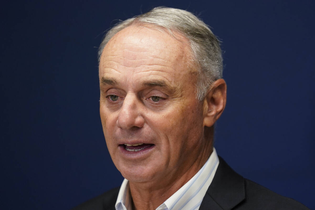 Major League Baseball Commissioner Rob Manfred speaks to reporters following an owners' meeting ...