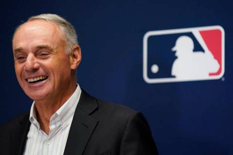 Major League Baseball Commissioner Rob Manfred speaks to reporters following an owners' meeting ...