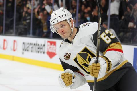 Vegas Golden Knights right wing Evgenii Dadonov (63) reacts after scoring the winning goal in a ...