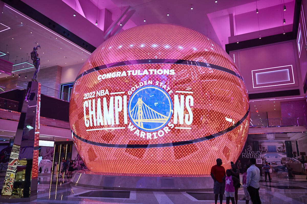 The Warriors' NBA championship is celebrated on the digital sphere at Resorts World on Saturday ...