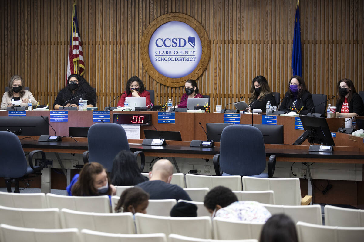 The Clark County School District Board of trustees during a board meeting in Las Vegas. (Ellen ...