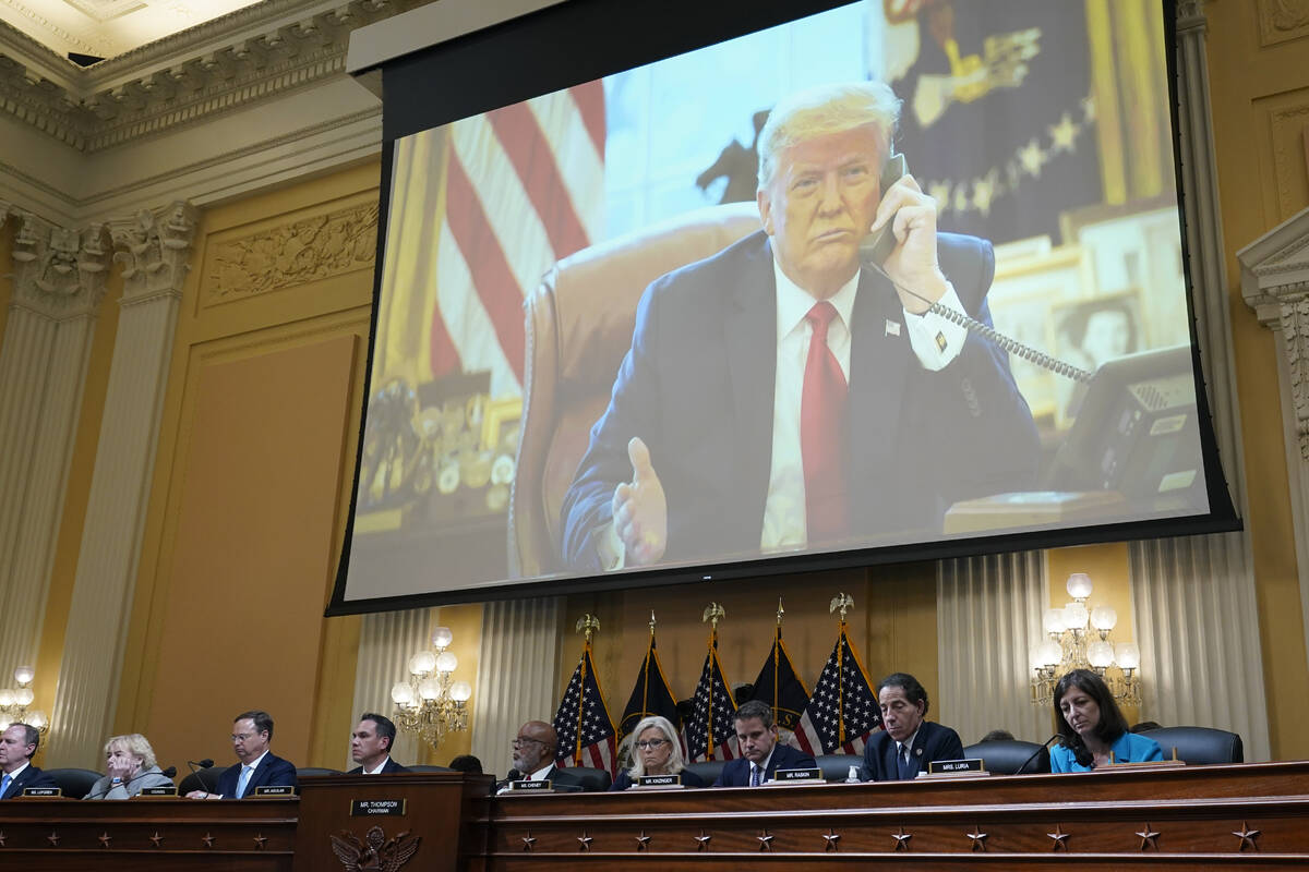 A video exhibit plays as the House select committee investigating the Jan. 6, 2021, attack on t ...