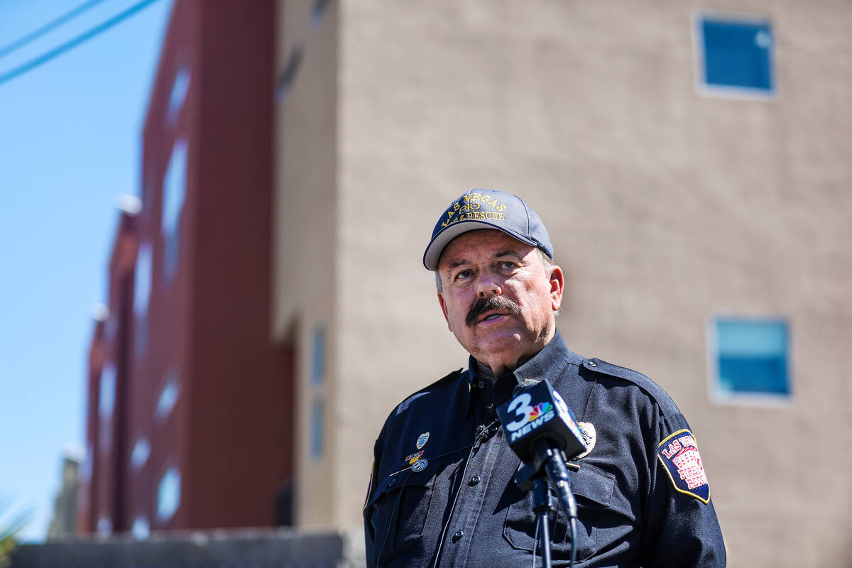 Tim Szymanksi, spokesman for Las Vegas Fire and Rescue, addresses the media about the massive f ...