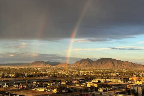 A double rainbow is seen over the northeast Las Vegas Valley after a light sprinkle Wednesday, ...