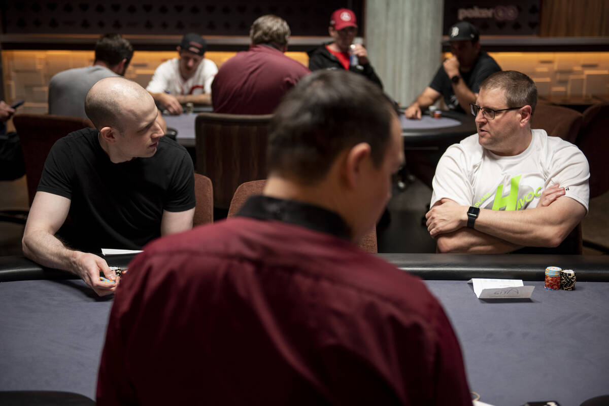 Benji Felson, left, chats with Kirby Kozel, at the PokerGO studio at Aria during a private even ...