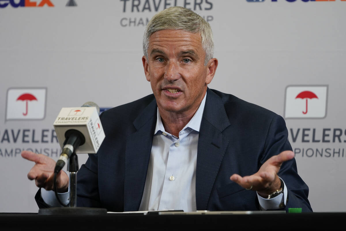 PGA Tour Commissioner Jay Monahan speaks during a news conference before the start of the Trave ...