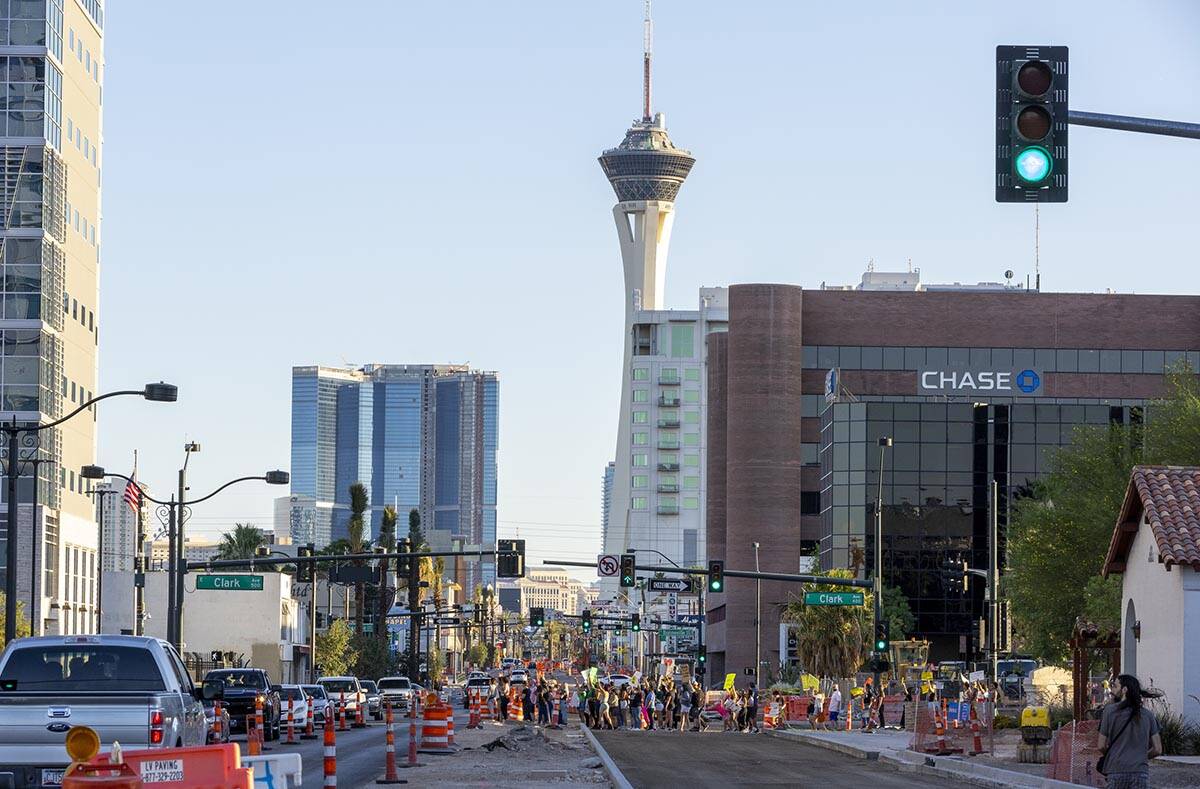 Protesters march across Las Vegas Boulevard in response to Roe v. Wade being overturned today n ...