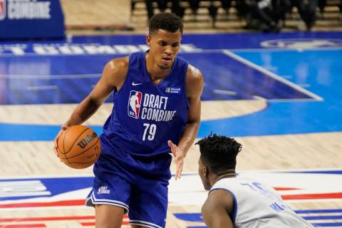 Orlando Robinson participates in the NBA basketball draft combine at the Wintrust Arena Friday, ...