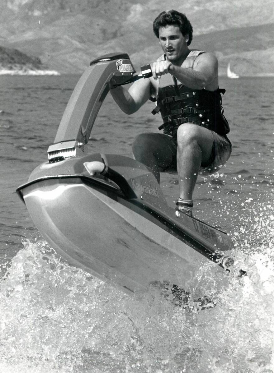 A jet skier at Lake Mead catches a wave and goes airborne in 1983. (Las Vegas Review-Journal)