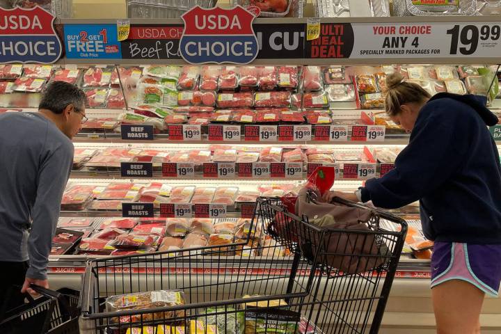 Consumers shop for meat at a Safeway grocery store in Annapolis, Maryland, on May 16, 2022, as ...