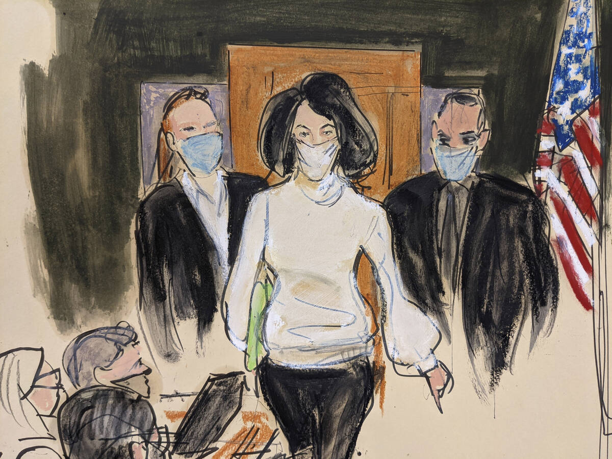 FILE — In this courtroom sketch, Ghislaine Maxwell enters the courtroom escorted by U.S. ...