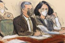 In this courtroom sketch, Ghislaine Maxwell, right, is seated beside her attorney, Christian Ev ...