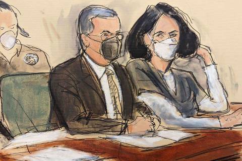 In this courtroom sketch, Ghislaine Maxwell, right, is seated beside her attorney, Christian Ev ...