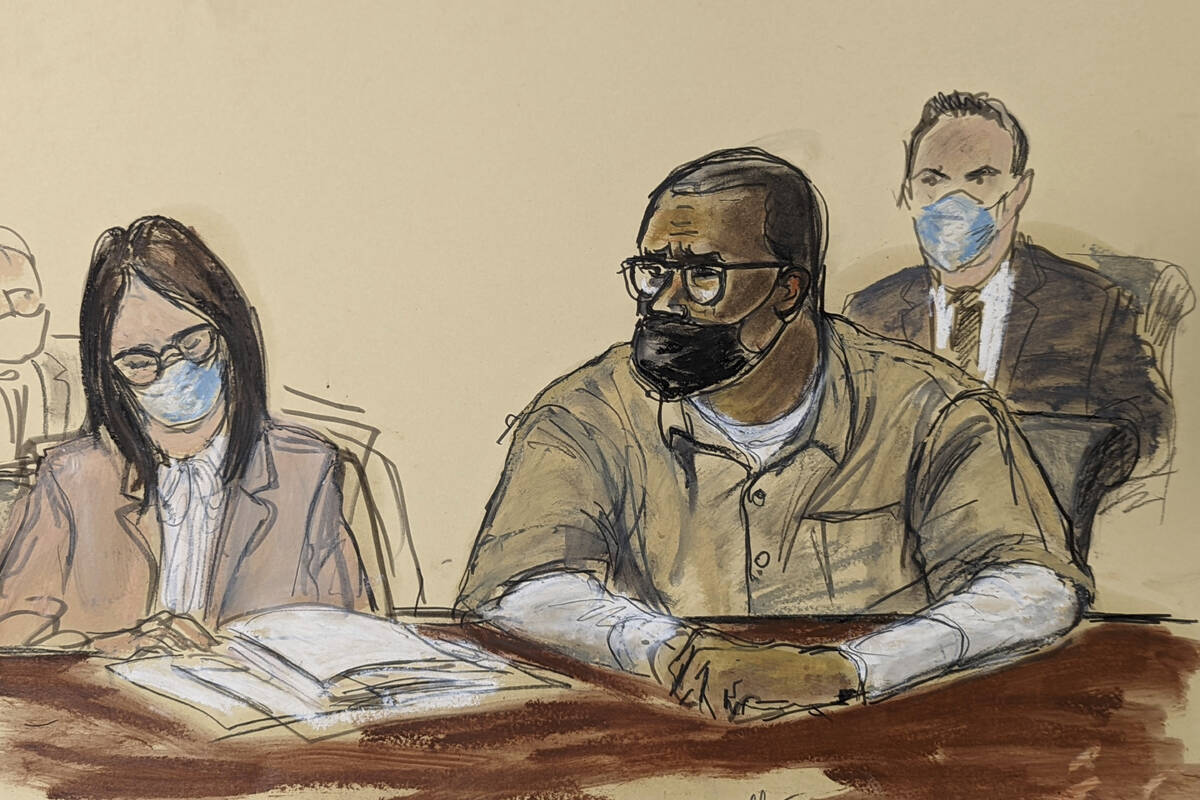 In this courtroom sketch, R. Kelly and his attorney Jennifer Bonjean, left, appear during his s ...