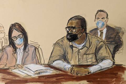 In this courtroom sketch, R. Kelly and his attorney Jennifer Bonjean, left, appear during his s ...