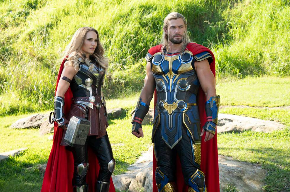 Natalie Portman as Mighty Thor and Chris Hemsworth as Thor in Marvel Studios' "Thor: Love and T ...
