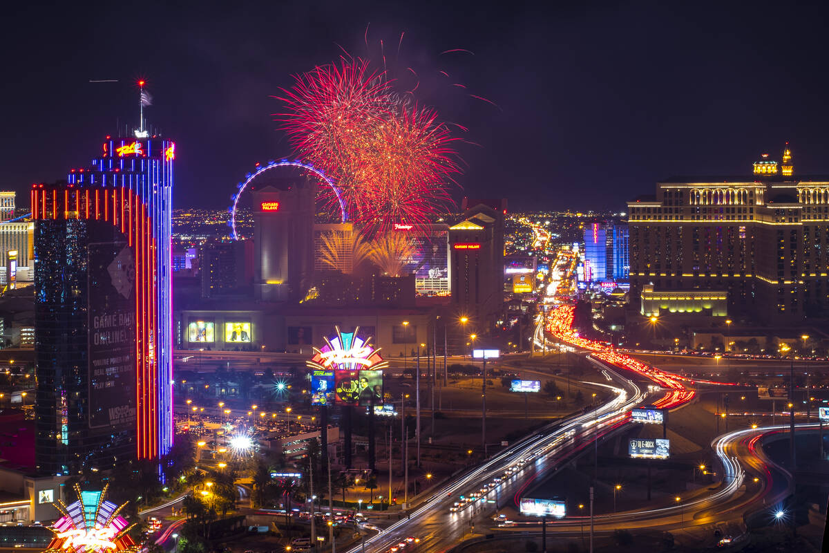 In this July 4, 2015, file photo, fireworks explode over the Strip in Las Vegas as seen from Gh ...