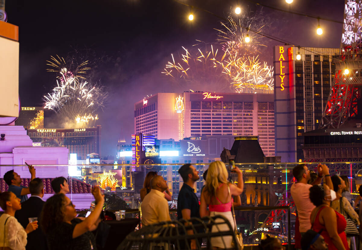 In this July 4, 2021, file photo, people watch as fireworks explode over the Las Vegas Strip du ...