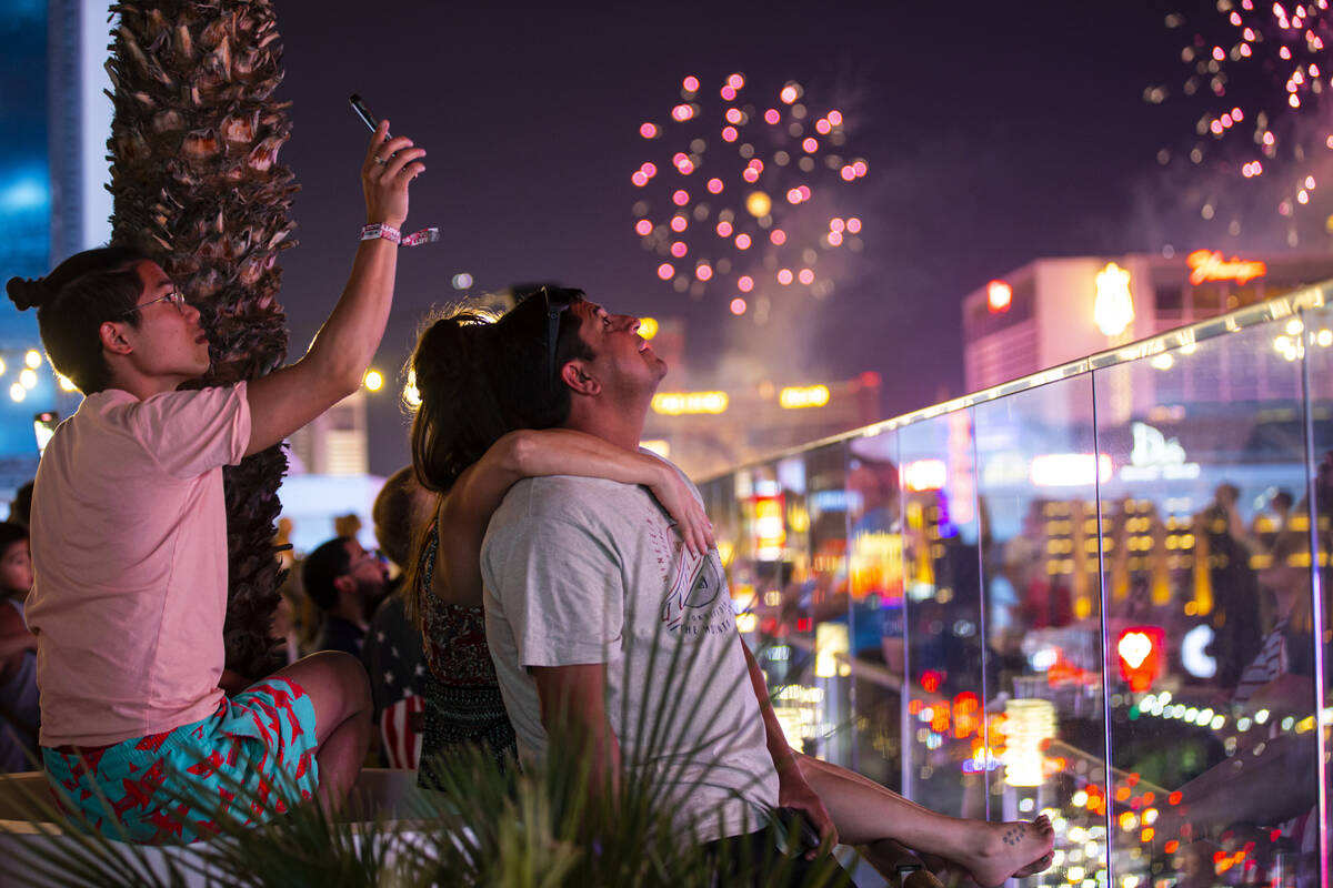 In this July 4, 2021, file photo, fireworks go off along the Las Vegas Strip as people watch fr ...