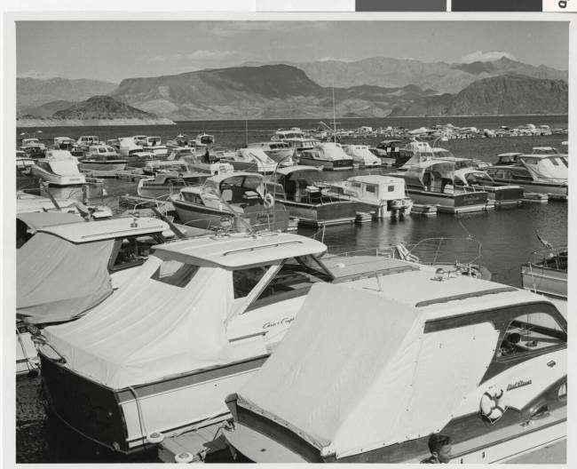 Black and white photograph of boats docked at Lake Mead taken between 1970 and 1979. (Courtesy ...