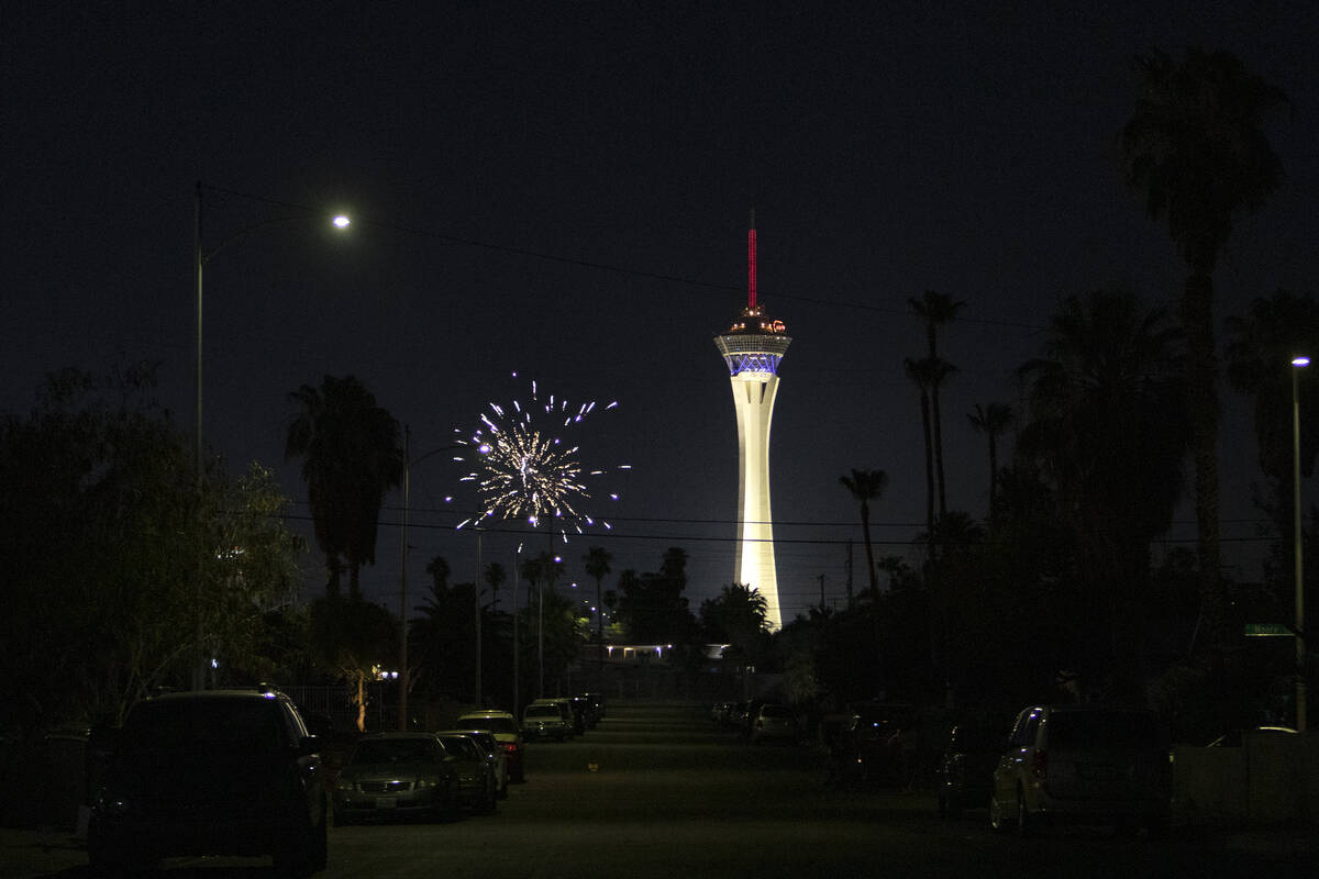 An illegal firework is set off near the STRAT on Independence Day, Saturday, July 4, 2020, in L ...