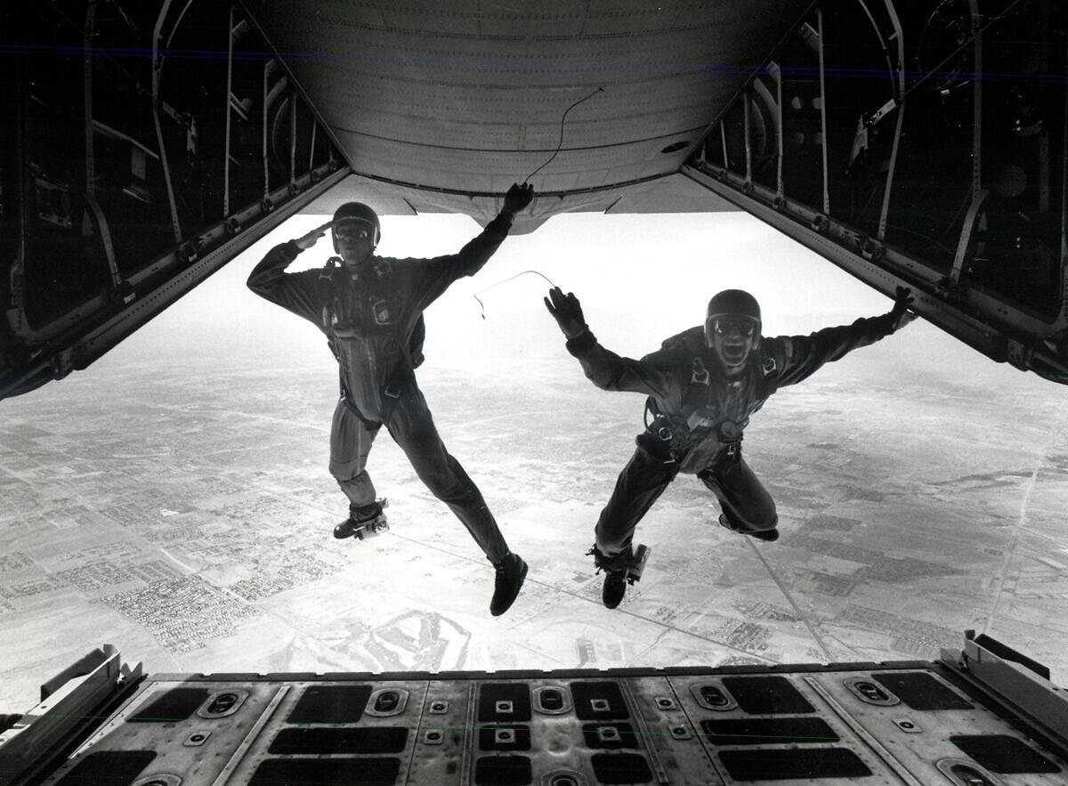 Aircrew members take a jump during a Red Flag exercise in 1985. (Gary Thompson/Las Vegas Review ...