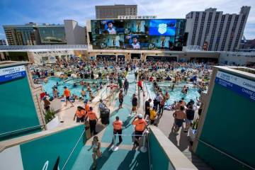 The pools and decks were crowded at Stadium Swim last year as March Madness is projected above ...