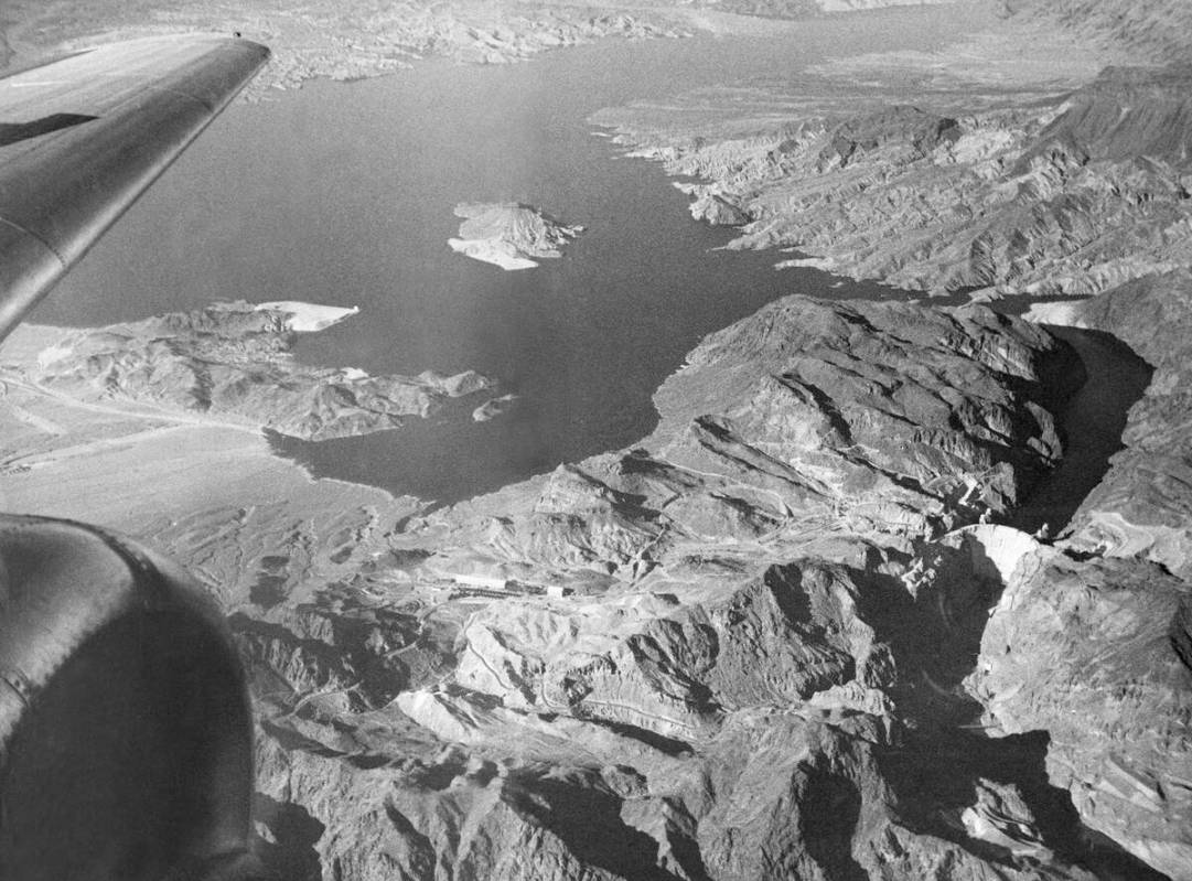 The extent to which waters of the Colorado River have been backed up by Boulder Dam is shown, S ...