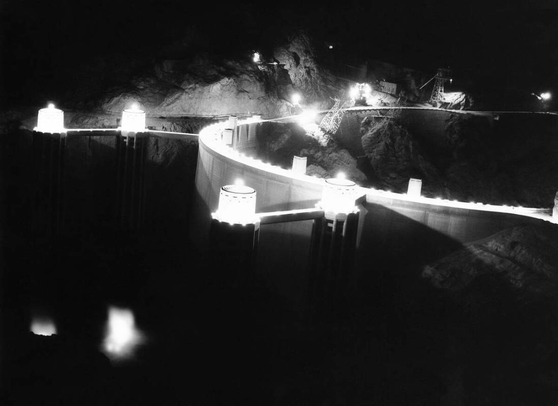 Night view of Boulder Dam and Mead Lake taken from a plane United airlines-western air express ...