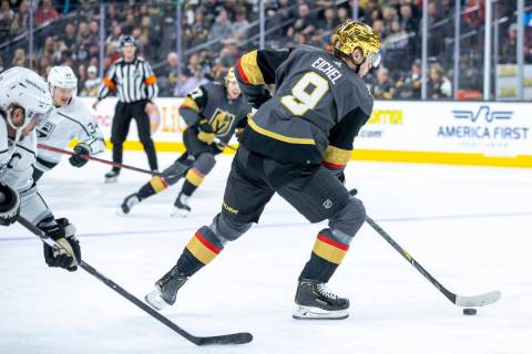 Golden Knights center Jack Eichel (9) moves the puck up the ice versus the Los Angeles Kings de ...