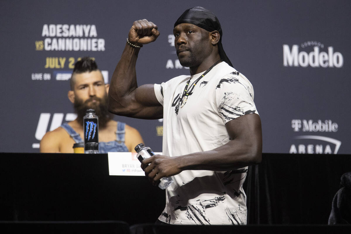 Jared Cannonier participates during an UFC 276 press conference at T-Mobile Arena in Las Vegas, ...